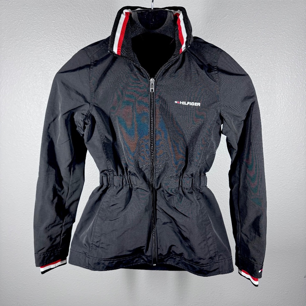 Tommy Hilfiger Womens XXS‎ Black Windbreaker Jacket Cinched Waist Packable Hood
